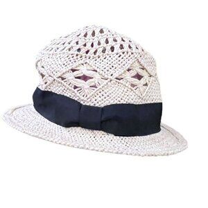 White Crochet Fedora Hat‎ Black Bow Ribbon OS Beach Travel Cruise Vacation BOHO